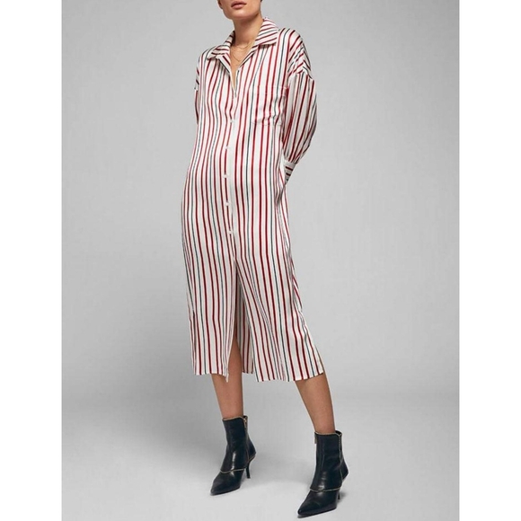 ANINE BING Milly Shirt Dress Red Black Striped Silk Long Sleeve Dress Small NWOT - Picture 1 of 11